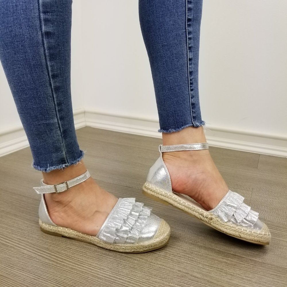 Cutest Sparkly Silver Espadrille Ruffle Sandals - Picture 3 of 8